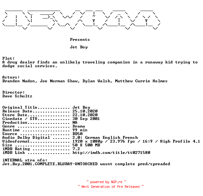NFO for the release Jet.Boy.2001.MULTi.COMPLETE.BLURAY.iNTERNAL-NEWHAM by NEWHAM