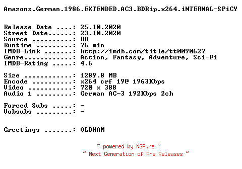 NFO for the release Amazons.German.1986.EXTENDED.AC3.BDRip.x264.iNTERNAL-SPiCY by SPiCY
