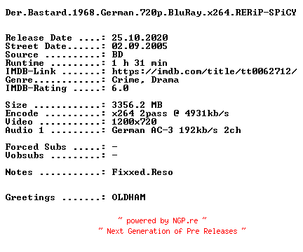 NFO for the release Der.Bastard.1968.German.720p.BluRay.x264.RERiP-SPiCY by SPiCY
