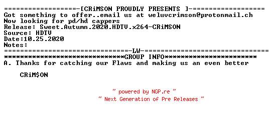 NFO for the release Sweet.Autumn.2020.HDTV.x264-CRiMSON by CRiMSON