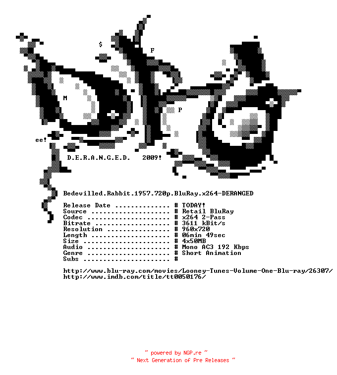 NFO for the release Bedevilled.Rabbit.1957.720p.BluRay.x264-DERANGED by DERANGED