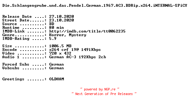 NFO for the release Die.Schlangengrube.und.das.Pendel.German.1967.AC3.BDRip.x264.iNTERNAL-SPiCY by SPiCY