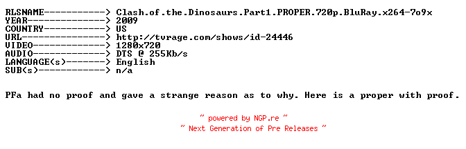 NFO for the release Clash.of.the.Dinosaurs.Part1.PROPER.720p.BluRay.x264-7o9x by 7o9x