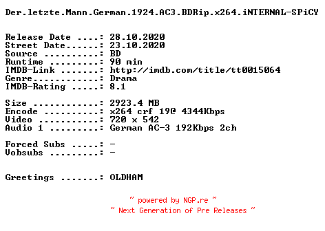 NFO for the release Der.letzte.Mann.German.1924.AC3.BDRip.x264.iNTERNAL-SPiCY by SPiCY