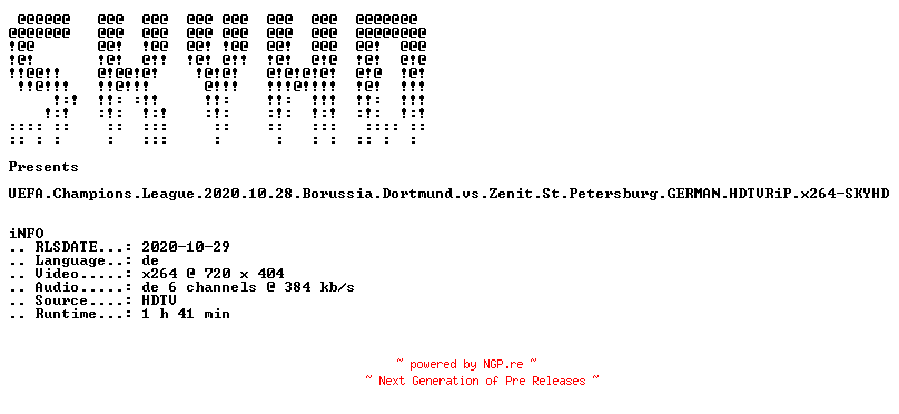 NFO for the release UEFA.Champions.League.2020.10.28.Borussia.Dortmund.vs.Zenit.St.Petersburg.GERMAN.HDTVRiP.x264-SKYHD by SKYHD