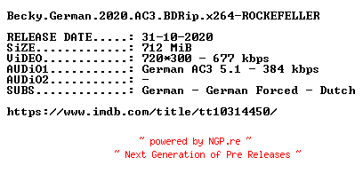 NFO for the release Becky.German.2020.AC3.BDRip.x264-ROCKEFELLER by ROCKEFELLER