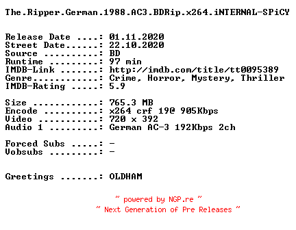 NFO for the release The.Ripper.German.1988.AC3.BDRip.x264.iNTERNAL-SPiCY by SPiCY