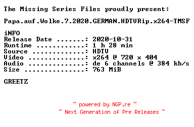 NFO for the release Papa.auf.Wolke.7.2020.GERMAN.HDTVRip.x264-TMSF by TMSF
