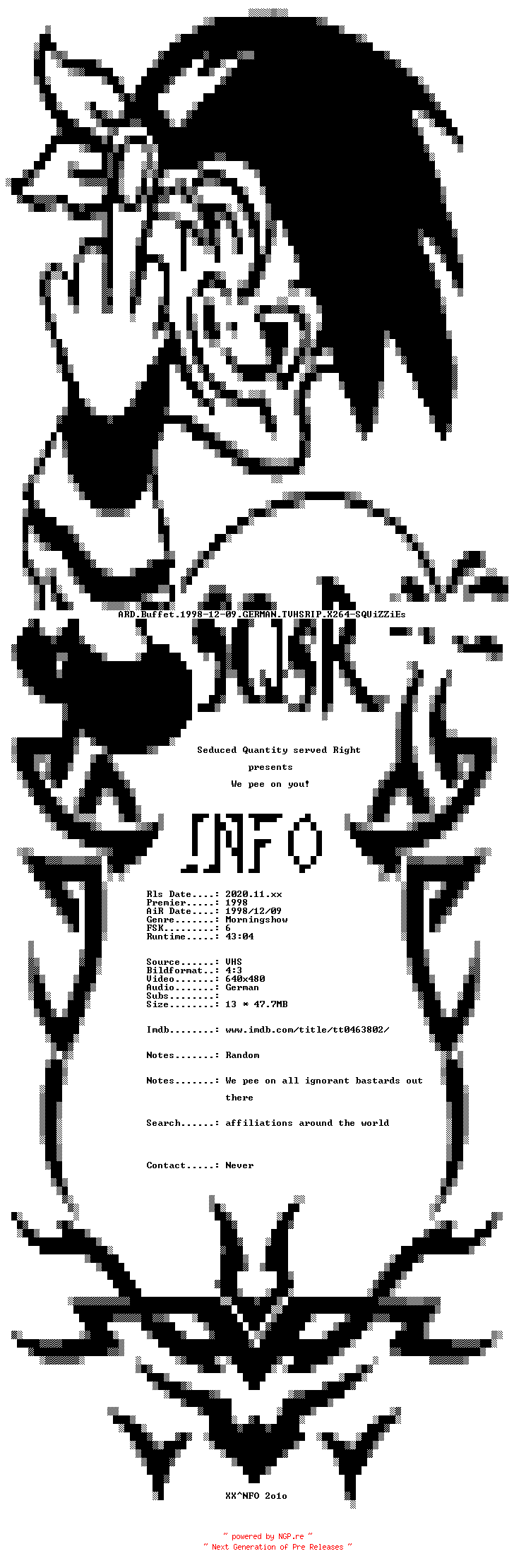 NFO for the release ARD.Buffet.1998-12-09.GERMAN.TVHSRIP.X264-SQUiZZiEs by SQUiZZiEs