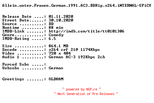 NFO for the release Allein.unter.Frauen.German.1991.AC3.BDRip.x264.iNTERNAL-SPiCY by SPiCY