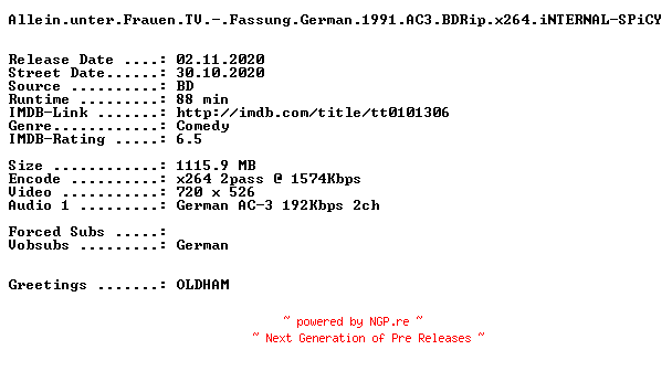 NFO for the release Allein.unter.Frauen.TV.-.Fassung.German.1991.AC3.BDRip.x264.iNTERNAL-SPiCY by SPiCY