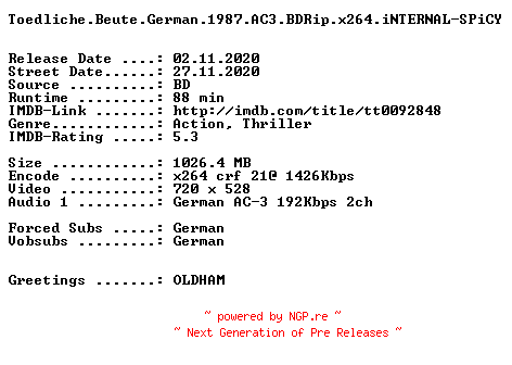 NFO for the release Toedliche.Beute.German.1987.AC3.BDRip.x264.iNTERNAL-SPiCY by SPiCY