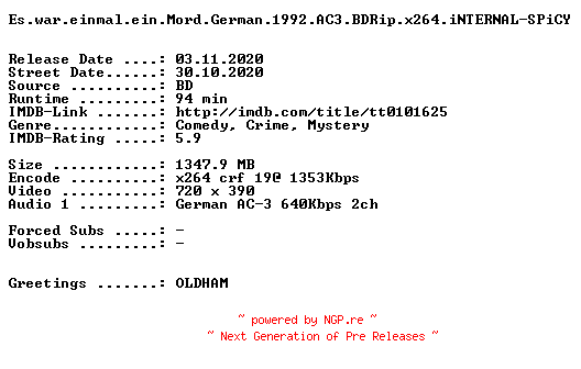 NFO for the release Es.war.einmal.ein.Mord.German.1992.AC3.BDRip.x264.iNTERNAL-SPiCY by SPiCY