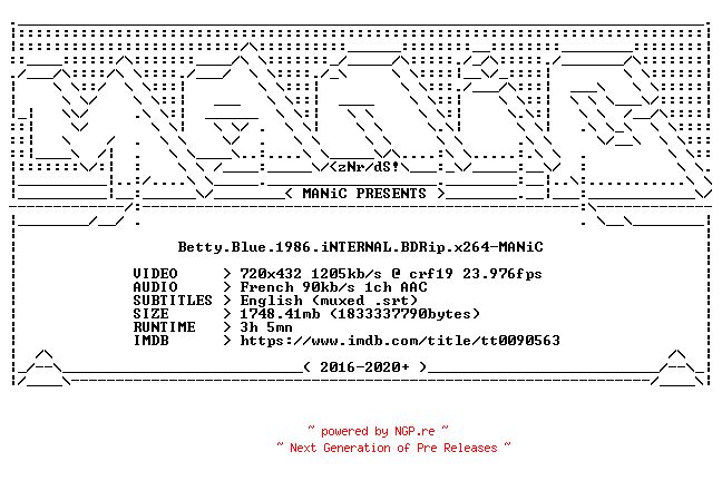 NFO for the release Betty.Blue.1986.iNTERNAL.BDRip.x264-MANiC by MANiC