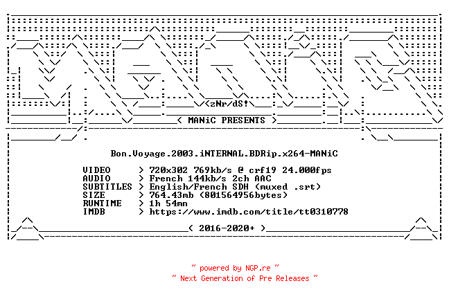 NFO for the release Bon.Voyage.2003.iNTERNAL.BDRip.x264-MANiC by MANiC