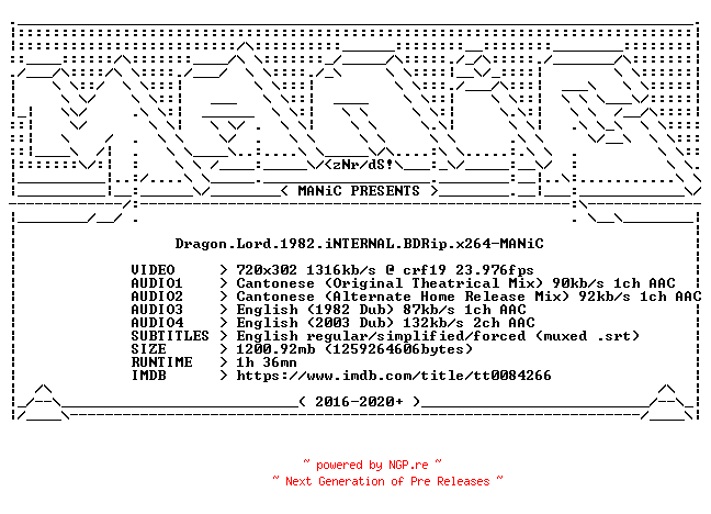 NFO for the release Dragon.Lord.1982.iNTERNAL.BDRip.x264-MANiC by MANiC