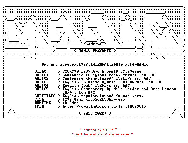 NFO for the release Dragons.Forever.1988.iNTERNAL.BDRip.x264-MANiC by MANiC