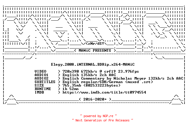 NFO for the release Elegy.2008.iNTERNAL.BDRip.x264-MANiC by MANiC