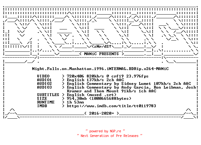 NFO for the release Night.Falls.on.Manhattan.1996.iNTERNAL.BDRip.x264-MANiC by MANiC