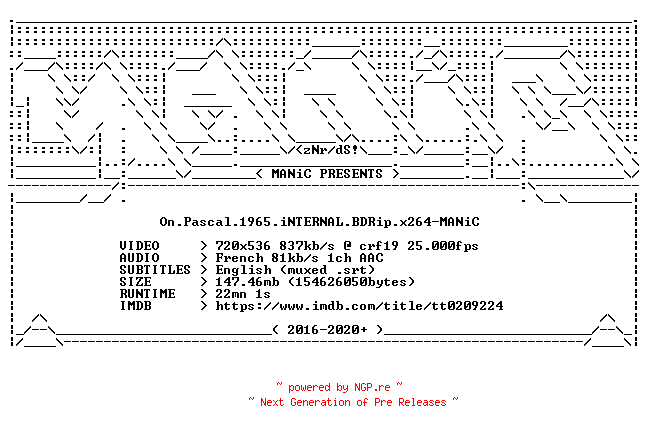 NFO for the release On.Pascal.1965.iNTERNAL.BDRip.x264-MANiC by MANiC