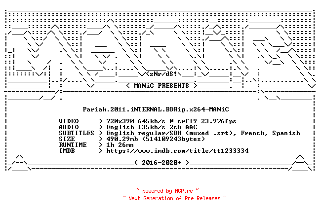 NFO for the release Pariah.2011.iNTERNAL.BDRip.x264-MANiC by MANiC