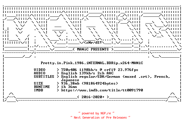 NFO for the release Pretty.in.Pink.1986.iNTERNAL.BDRip.x264-MANiC by MANiC