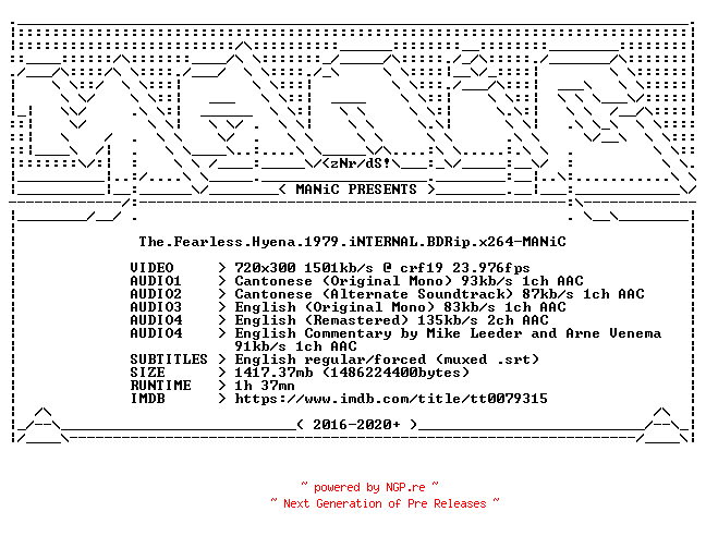 NFO for the release The.Fearless.Hyena.1979.iNTERNAL.BDRip.x264-MANiC by MANiC