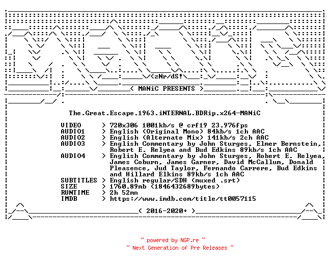 NFO for the release The.Great.Escape.1963.iNTERNAL.BDRip.x264-MANiC by MANiC