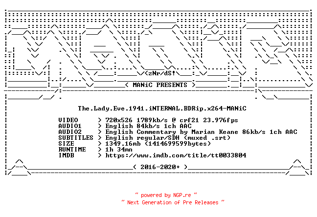 NFO for the release The.Lady.Eve.1941.iNTERNAL.BDRip.x264-MANiC by MANiC
