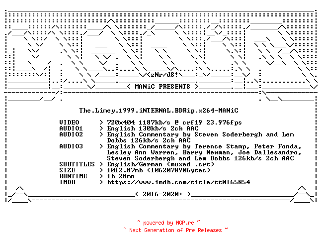 NFO for the release The.Limey.1999.iNTERNAL.BDRip.x264-MANiC by MANiC