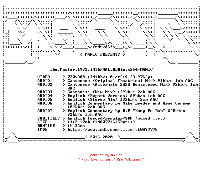 NFO for the release The.Master.1992.iNTERNAL.BDRip.x264-MANiC by MANiC