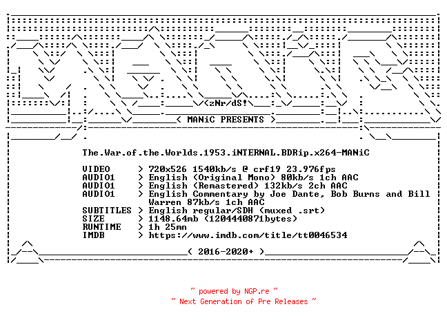 NFO for the release The.War.of.the.Worlds.1953.iNTERNAL.BDRip.x264-MANiC by MANiC