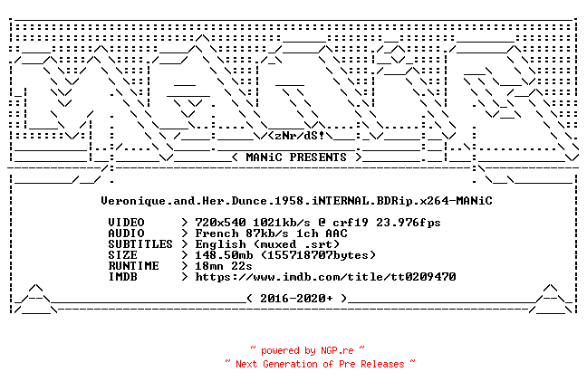 NFO for the release Veronique.and.Her.Dunce.1958.iNTERNAL.BDRip.x264-MANiC by MANiC