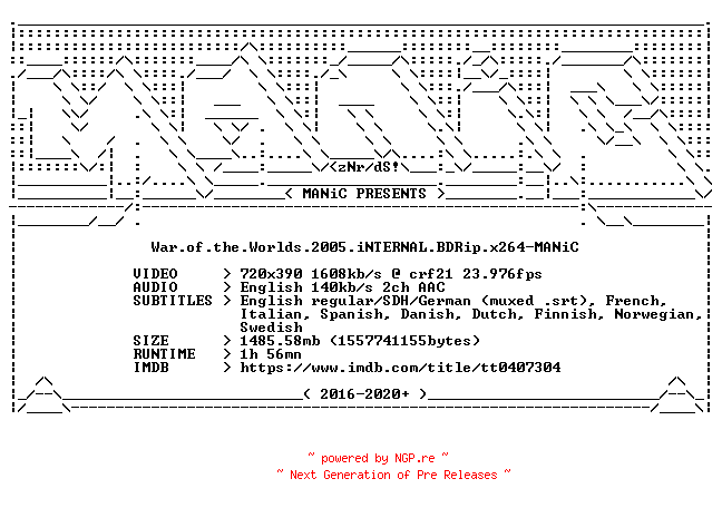 NFO for the release War.of.the.Worlds.2005.iNTERNAL.BDRip.x264-MANiC by MANiC