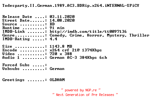 NFO for the release Todesparty.II.German.1989.AC3.BDRip.x264.iNTERNAL-SPiCY by SPiCY