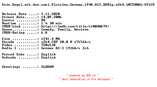 NFO for the release Sein.Engel.mit.den.zwei.Pistolen.German.1948.AC3.BDRip.x264.iNTERNAL-SPiCY by SPiCY