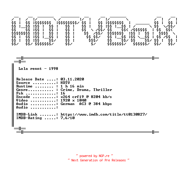 NFO for the release Lola.rennt.1998.German.DL.1080p.HDTV.x264.iNTERNAL-HDTVBoX by HDTVBoX