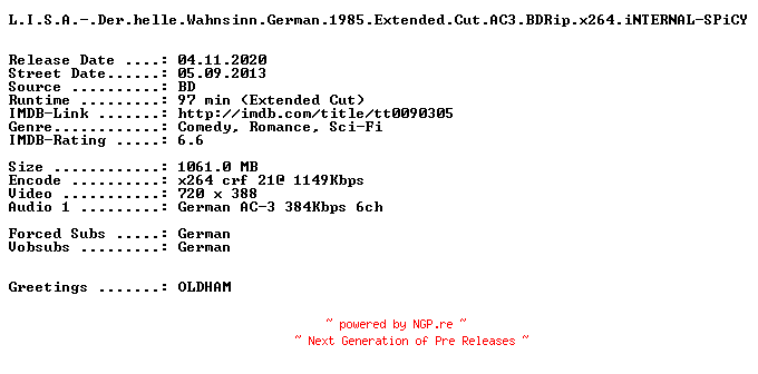 NFO for the release L.I.S.A.-.Der.helle.Wahnsinn.German.1985.Extended.Cut.AC3.BDRip.x264.iNTERNAL-SPiCY by SPiCY