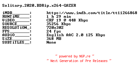 NFO for the release Solitary.2020.BDRip.x264-GAZER by GAZER