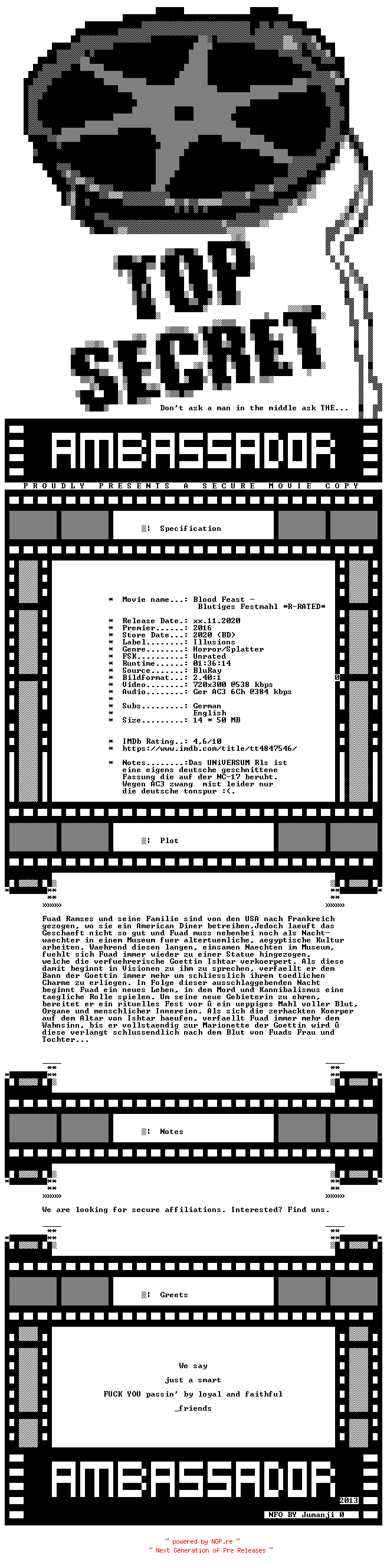 NFO for the release Blood.Feast.Blutiges.Festmahl.R.RATED.GERMAN.2016.BDRIP.X264-AMBASSADOR by AMBASSADOR