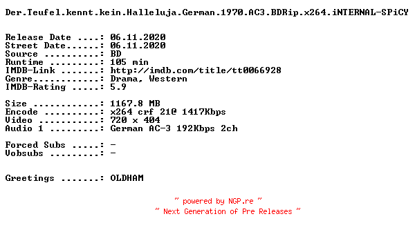 NFO for the release Der.Teufel.kennt.kein.Halleluja.German.1970.AC3.BDRip.x264.iNTERNAL-SPiCY by SPiCY