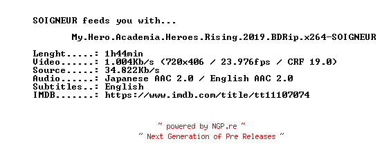 NFO for the release My.Hero.Academia.Heroes.Rising.2019.BDRip.x264-SOIGNEUR by SOIGNEUR