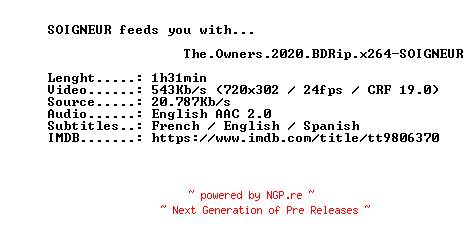 NFO for the release The.Owners.2020.BDRip.x264-SOIGNEUR by SOIGNEUR