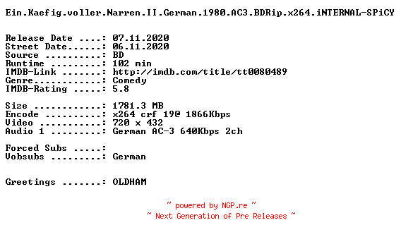 NFO for the release Ein.Kaefig.voller.Narren.II.German.1980.AC3.BDRip.x264.iNTERNAL-SPiCY by SPiCY