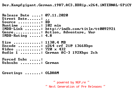 NFO for the release Der.Kampfgigant.German.1987.AC3.BDRip.x264.iNTERNAL-SPiCY by SPiCY