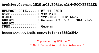 NFO for the release Archive.German.2020.AC3.BDRip.x264-ROCKEFELLER by ROCKEFELLER