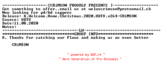 NFO for the release A.Welcome.Home.Christmas.2020.HDTV.x264-CRiMSON by CRiMSON