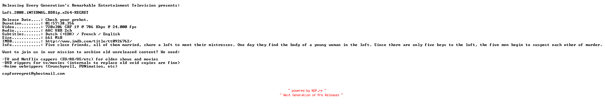 NFO for the release Loft.2008.iNTERNAL.BDRip.x264-REGRET by REGRET
