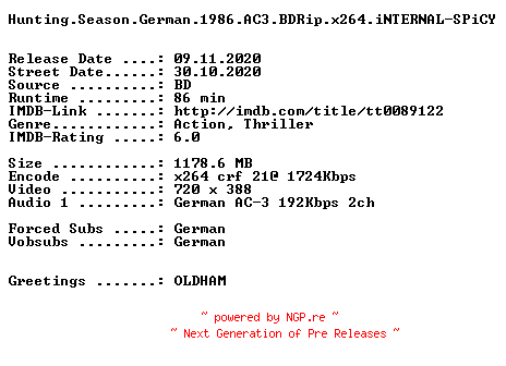 NFO for the release Hunting.Season.German.1986.AC3.BDRip.x264.iNTERNAL-SPiCY by SPiCY