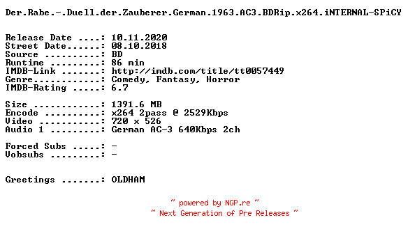 NFO for the release Der.Rabe.-.Duell.der.Zauberer.German.1963.AC3.BDRip.x264.iNTERNAL-SPiCY by SPiCY